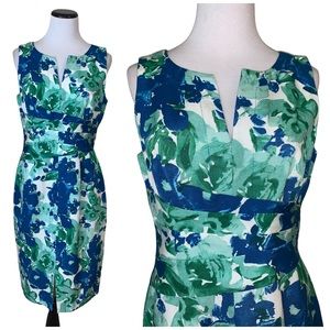 Adrianna Papell blue green floral sheath dress womens size 10